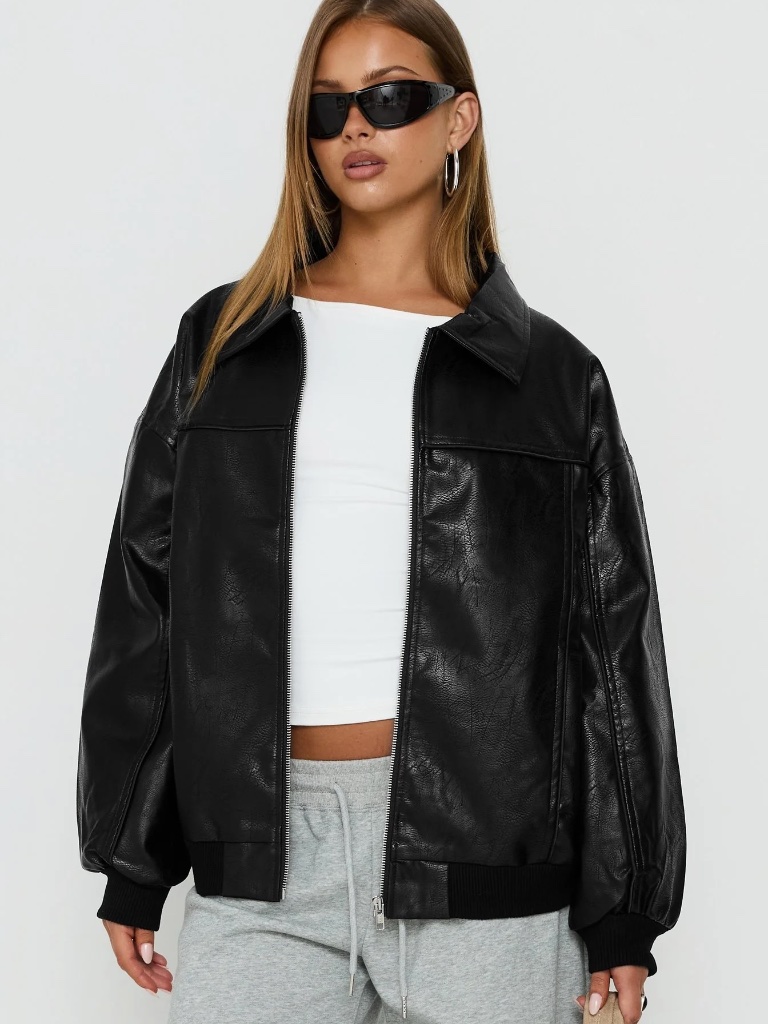 Princess Polly Goldsmith Faux Leather Bomber Jacket In Black, Size 4